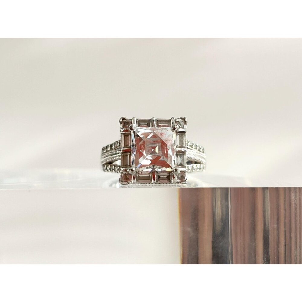 SOLD - Princess Cut Sterling Silver Gemstone Split Shank CZ Vintage Ring - 7.25 - Picture 3 of 10